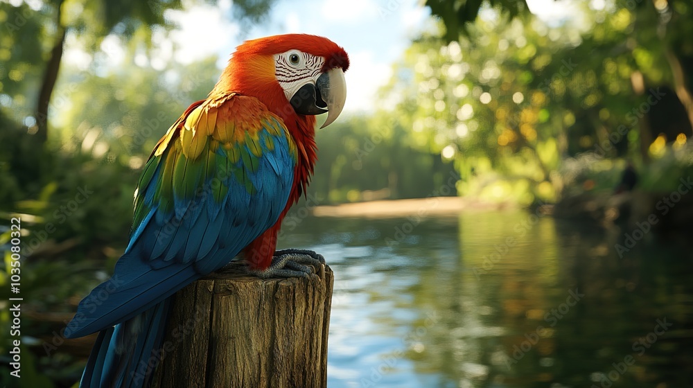 Obraz premium A beautiful and cute colorful parrot, sitting on a forest tree trunk by the river
