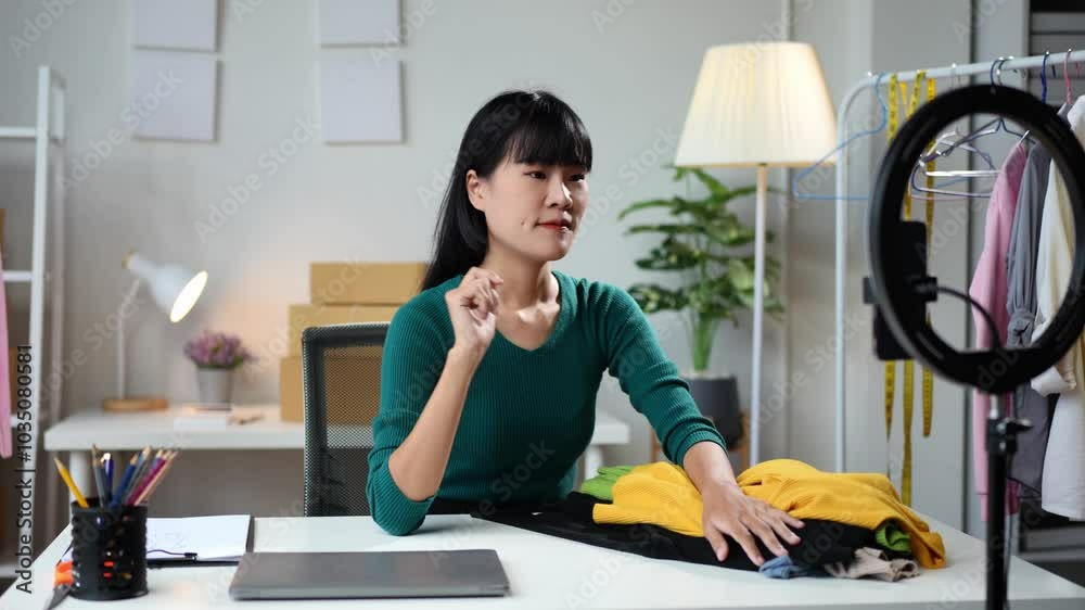 Asian blogger uses laptop to record video clips, selling clothes online, live streaming, designing clothes, taking measurements with tape measure. Modern technology concept, SME, independent business Asian blogger uses laptop to record video clips, selling clothes online, live streaming, designing clothes, taking measurements with tape measure. Modern technology concept, SME, independent business