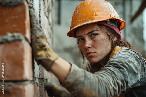 Female bricklayer focused on building a wall at a construction site