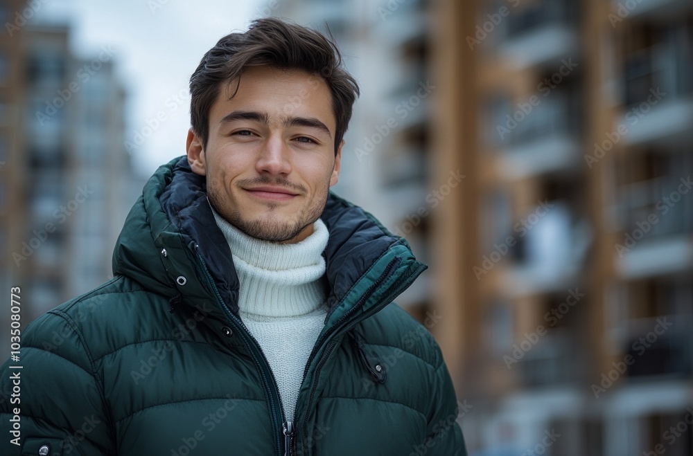 City Stroll: A Young Man Smiling Brightly While Walking in a Cool Urban Setting City Stroll: A Young Man Smiling Brightly While Walking in a Cool Urban Setting