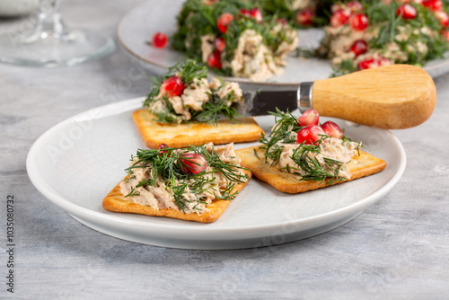 Tuna pate decorated with dill and pomegranate seeds in shape of wreath served with crackers.