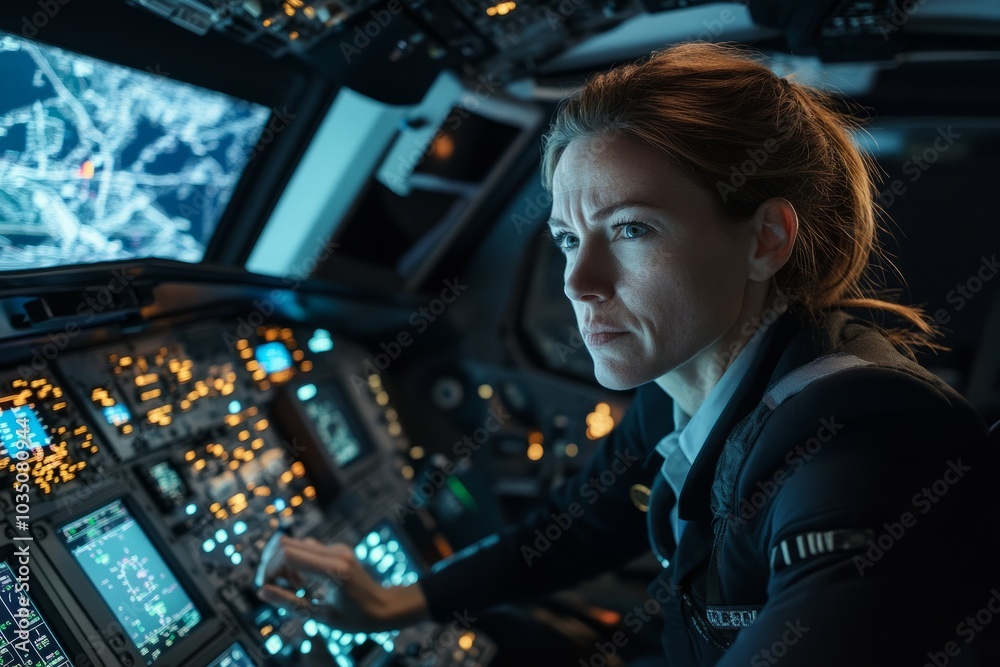 Female pilot adjusting controls in a cockpit during a flight. Female pilot adjusting controls in a cockpit during a flight.