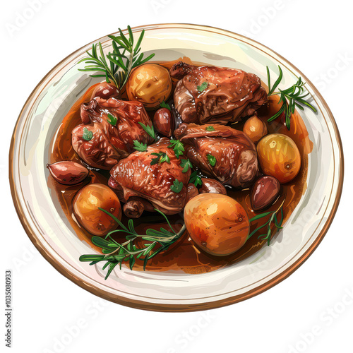 A serving of coq au vin, chicken stewed in red wine. Illustration, on transparent background cutout