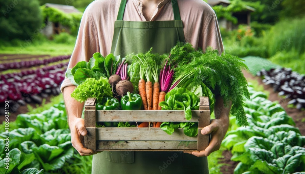Person Holding a Wooden Crate Filled with Freshly Harvested Organic Vegetables, Showcasing the Abundance and Vibrancy of Farm Produce in a Sustainable and Eco-Friendly Setting