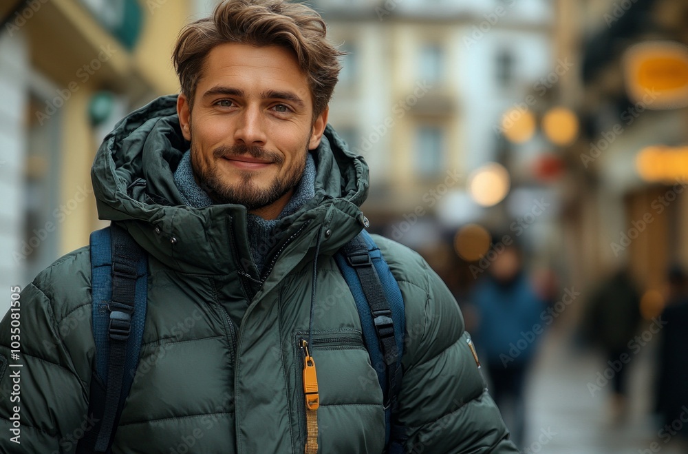Smiling Man: A Young Man Strolling Through the City on a Cool Day Smiling Man: A Young Man Strolling Through the City on a Cool Day