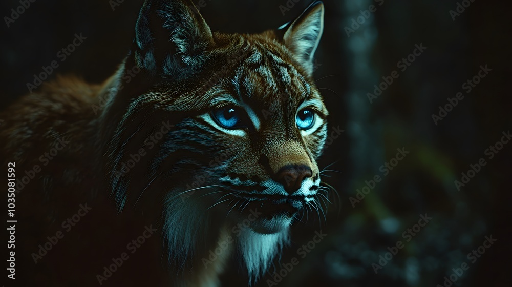 Fototapeta premium A portrait of a lynx, looking at the camera with intense eyes, against a dark forest background