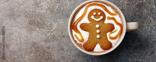 A gingerbread man happily soaking in a warm cup of cocoa, surrounded by festive holiday decorations.