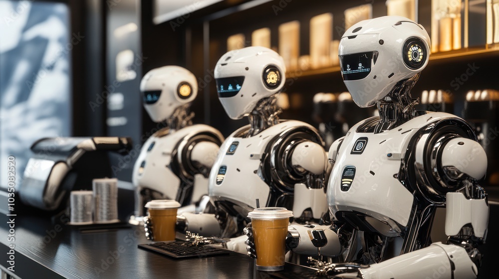 Three White Robots Serving Coffee in a Futuristic Cafe Three White Robots Serving Coffee in a Futuristic Cafe