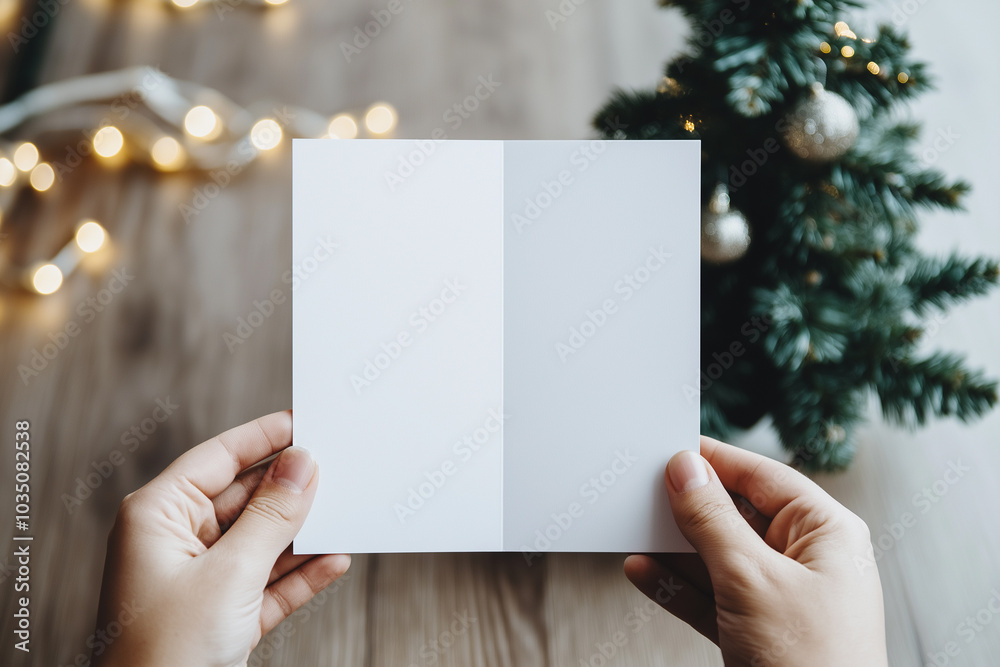 Female hands holding open folded in half blank white brochure, brochure mockup, small Christmas tree on table Female hands holding open folded in half blank white brochure, brochure mockup, small Christmas tree on table