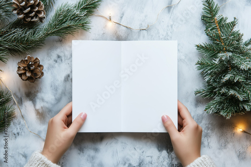 Female hands holding open folded in half blank white brochure, brochure mockup, small Christmas tree on table photo