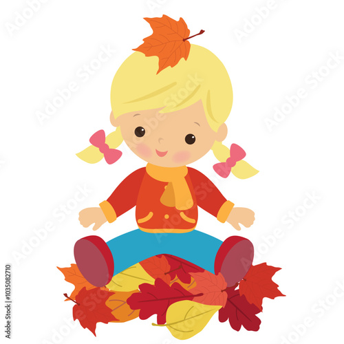 Cute little blonde girl sitting on a pile of autumn leaves vector cartoon illustration