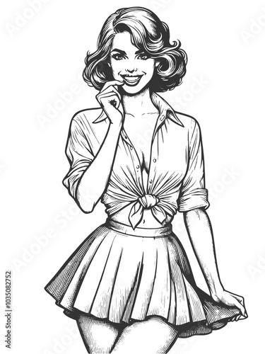 Playful smiling beautiful young woman flirty biting her finger sketch engraving generative ai fictional character vector illustration. Scratch board imitation. Black and white image.