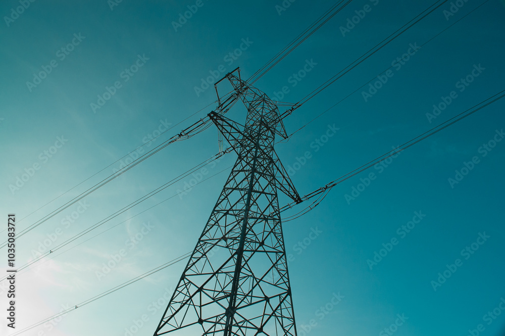 The photo shows a power line against a blue sky. The photo shows a power line against a blue sky.