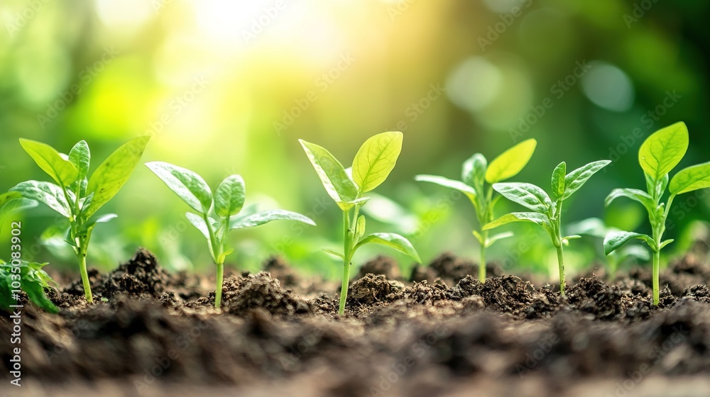 Green Seedlings Growing in Soil under Bright Sunlight Green Seedlings Growing in Soil under Bright Sunlight