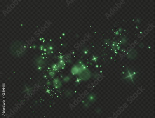 Christmas background. Powder dust light PNG. Magic shining green dust. Fine, shiny dust bokeh particles fall off slightly. Fantastic shimmer effect. Vector illustrator.