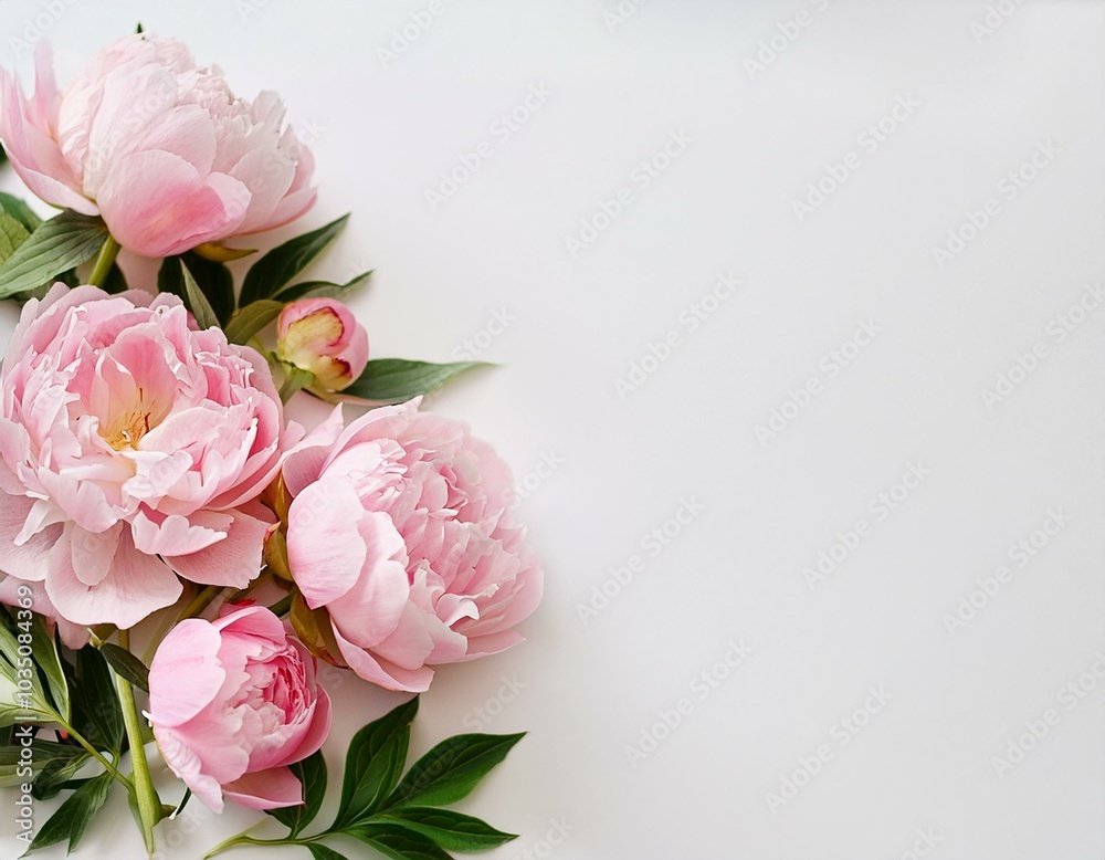 Fototapeta premium Soft pink peonies with space for text on a white background