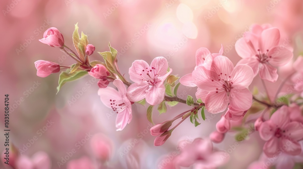 Naklejka premium Delicate pink flowers bloom on a branch, surrounded by a soft, pink and yellow background.