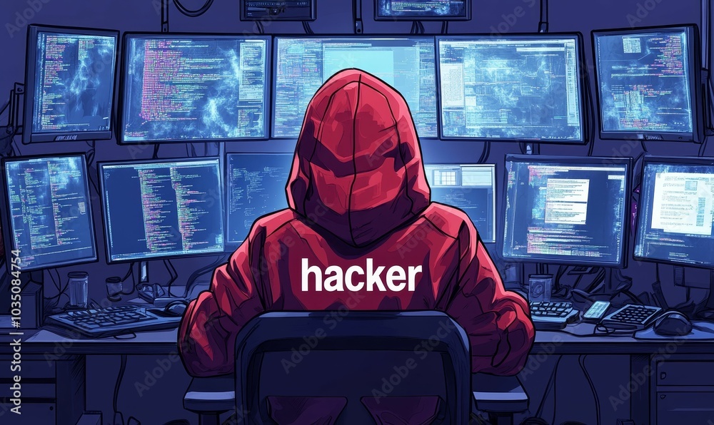 Hooded figure hacking with multiple monitors. Hooded figure hacking with multiple monitors.