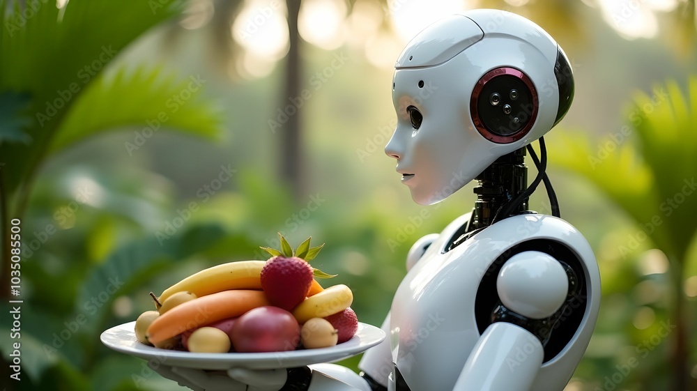 A robot serves fruit on a platter against a tropical backdrop A robot serves fruit on a platter against a tropical backdrop