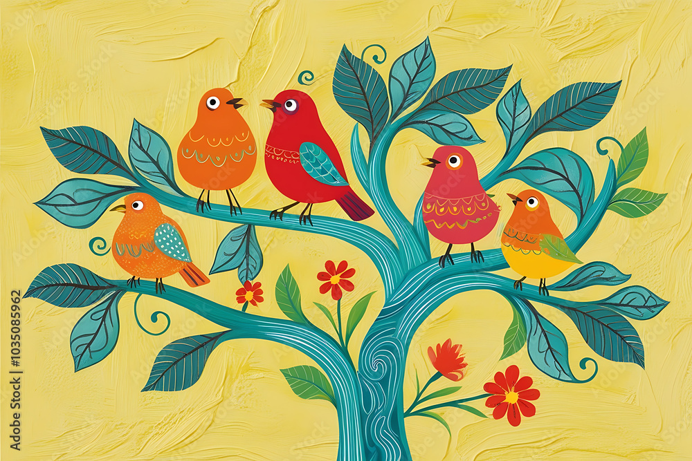 Obraz premium A Family of Birds on a Vibrant Tree, a folk-art-inspired illustration of five birds perched on a stylized tree
