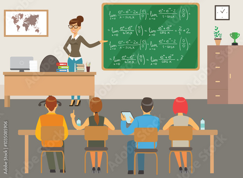 University students. Teacher giving a lecture.