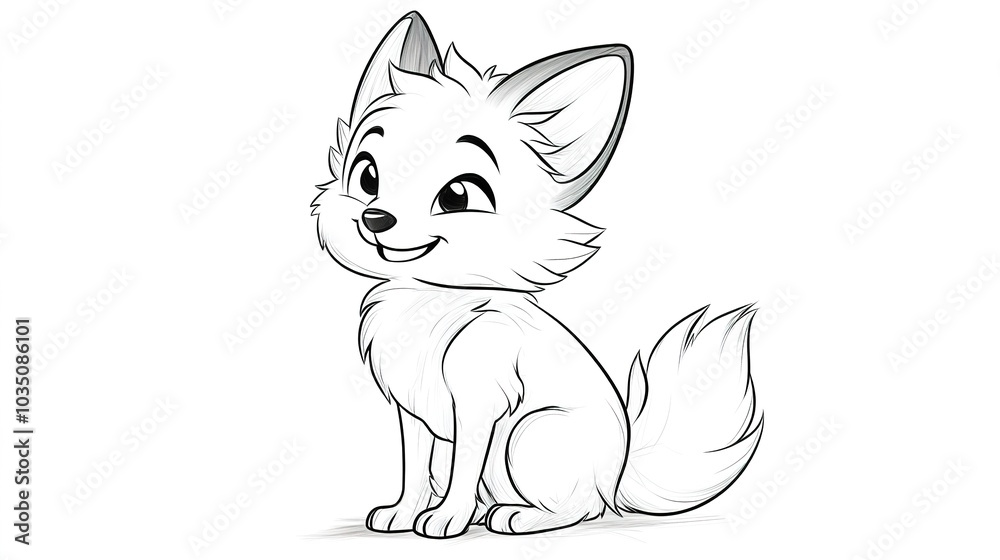 Fototapeta premium A charming smiling baby fox with fluffy fur, sitting peacefully with its tail curled around its body. This delightful scene captures the essence of innocence and playfulness in nature, 