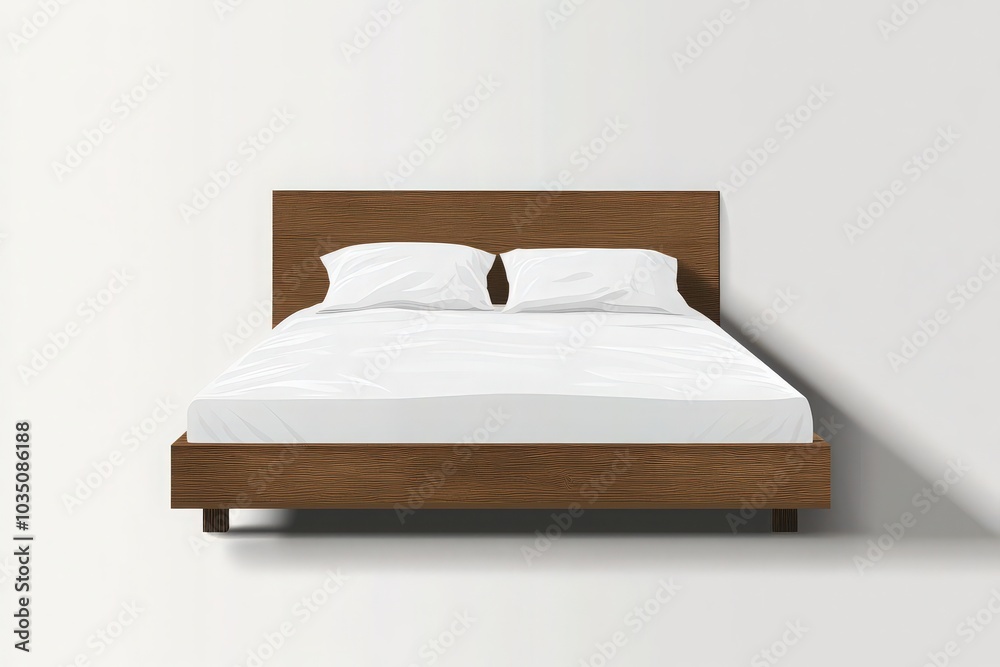 A clean, minimalist bed is styled with crisp white linens on a brown wooden frame. The simplicity of the design creates a serene and inviting atmosphere in the room. A clean, minimalist bed is styled with crisp white linens on a brown wooden frame. The simplicity of the design creates a serene and inviting atmosphere in the room.