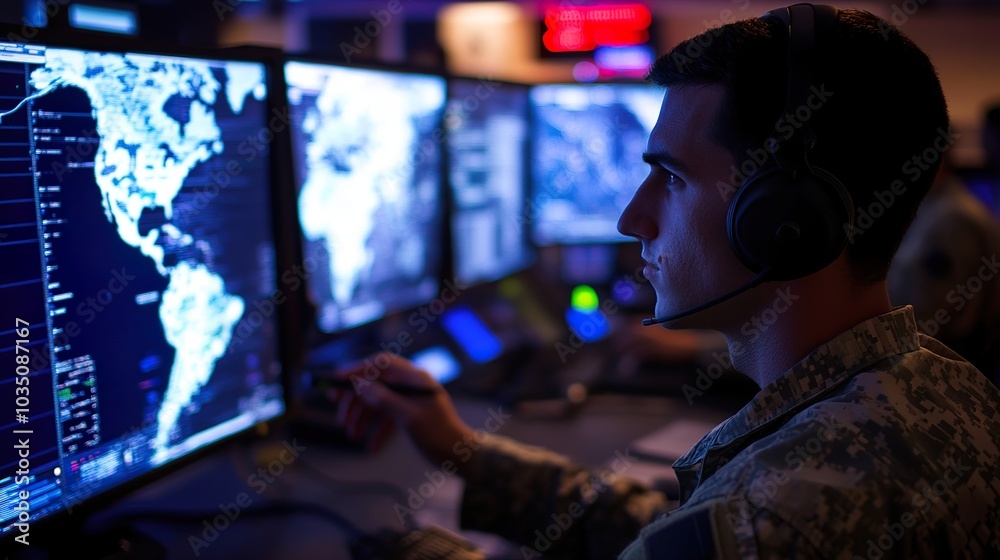 A military command center monitoring cyber-warfare threats in real-time, as hackers attempt to breach secure government networks A military command center monitoring cyber-warfare threats in real-time, as hackers attempt to breach secure government networks