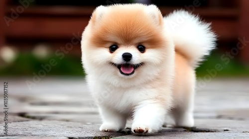 A photograph of a cuddly Pomeranian with a plush voluminous coat and a playful affectionate demeanor conveying a sense of warmth comfort and joy photo