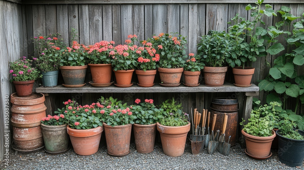 Gardening tools and flower pots arranged neatly in a backyard garden Gardening tools and flower pots arranged neatly in a backyard garden
