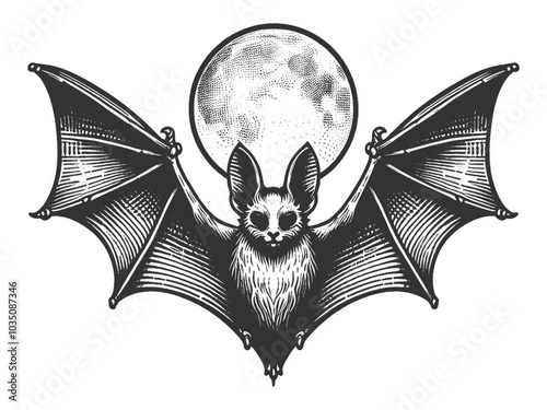 bat with wings spread wide, flying in front of a detailed full moon, evoking a spooky, nighttime atmosphere sketch engraving generative ai vector illustration. Black and white image.