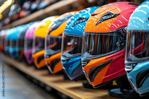 Row of A vibrant of motorcycle helmets in various colors and styles, displayed on shelves in a shop setting, showcasing safety and style for riders. photo