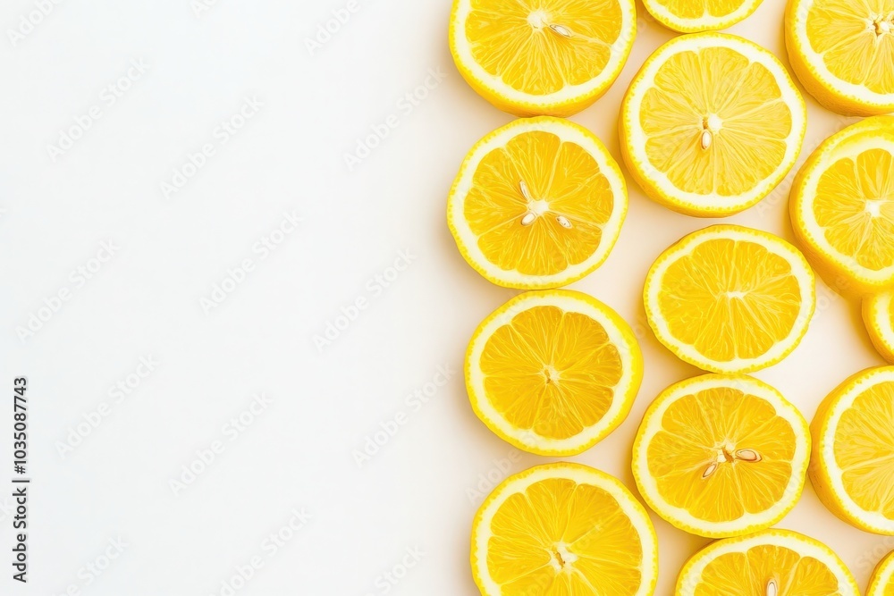 Bright yellow citrus lemons are neatly sliced and displayed against a solid white background, ideal for culinary presentations or refreshing recipes. Their vibrant color adds a cheerful touch. Bright yellow citrus lemons are neatly sliced and displayed against a solid white background, ideal for culinary presentations or refreshing recipes. Their vibrant color adds a cheerful touch.