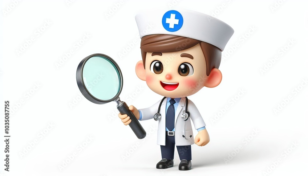 Cute Cartoon Doctor Holding Magnifying Glass.
