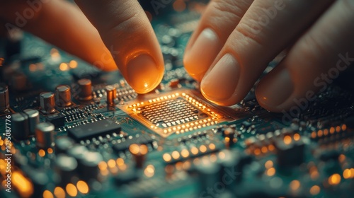 Hands assembling components on a circuit board, focusing on tech repair