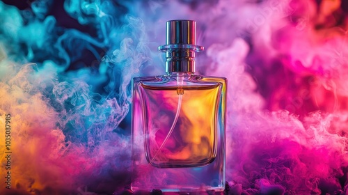 Colorful Perfume Bottle in Vibrant Smoke Background