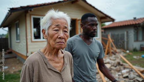 Worried elderly woman and man standing outside damaged house