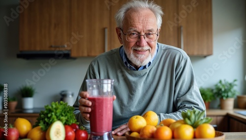 Elderly man preparing a healthy smoothie in the kitchen