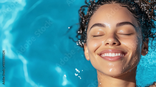 Young woman relaxing with her eyes closed in a swimming pool, savoring the summer