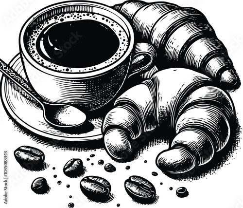 Hand drawn coffee cup of cappuccino or late and croisant. For restaurant and cafe menu, coffee shop design template.