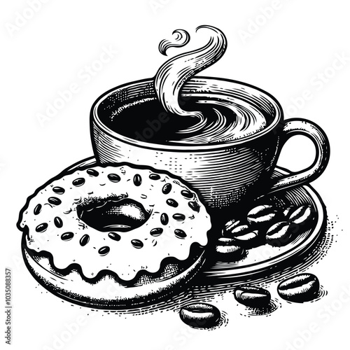 Hand drawn coffee cup of cappuccino or late and donut. For restaurant and cafe menu, coffee shop design template.