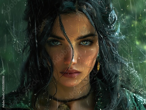 Intense Gaze: Woman with Green Eyes in the Rain