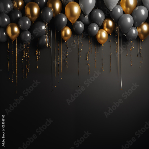 Birthday card, party invite, birthday invitation background with balloons in black and gold colors