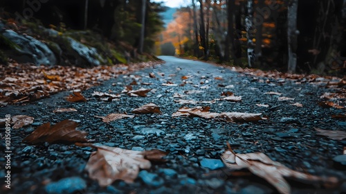 A tranquil and scenic forest path winding through the trees covered in a carpet of vibrant autumn leaves The dappled sunlight filters through the foliage