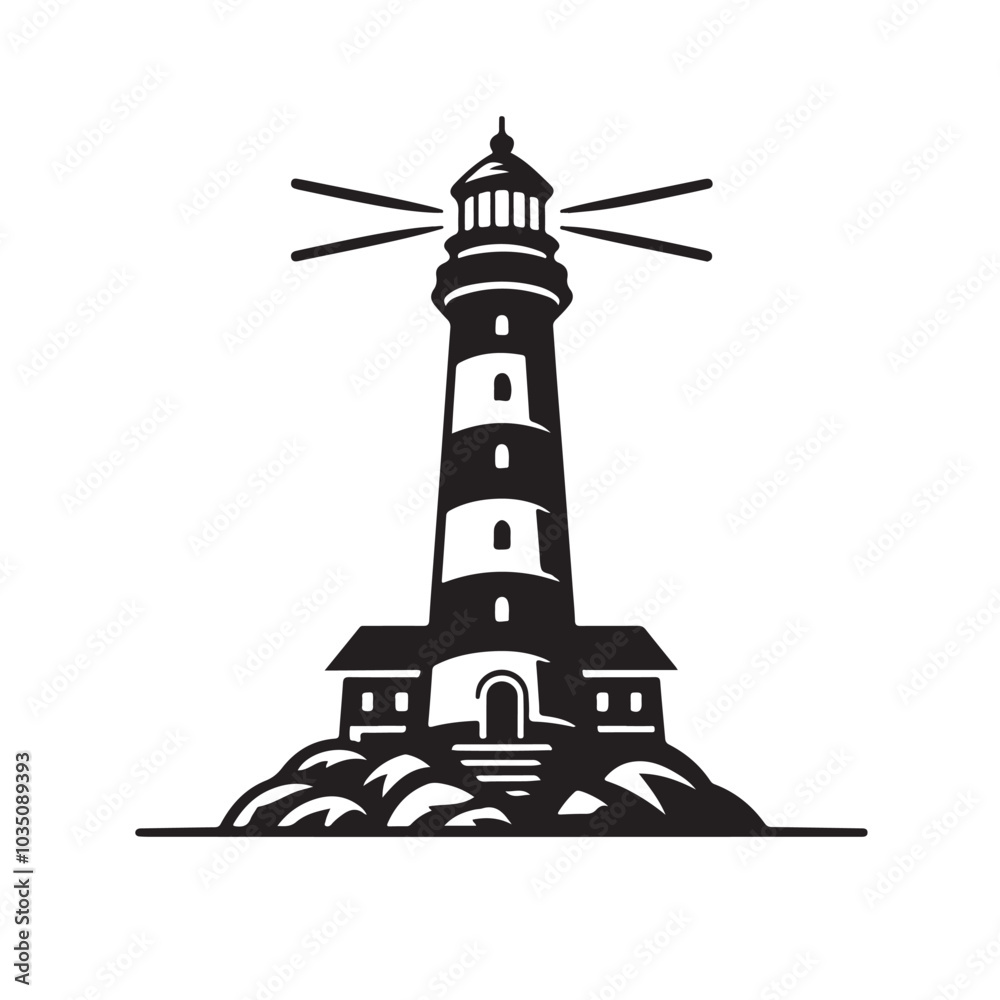 Black and White Lighthouse Coastal Illustration.eps