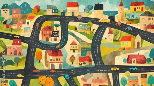 Illustrated map of a city with roads, cars, and landmarks