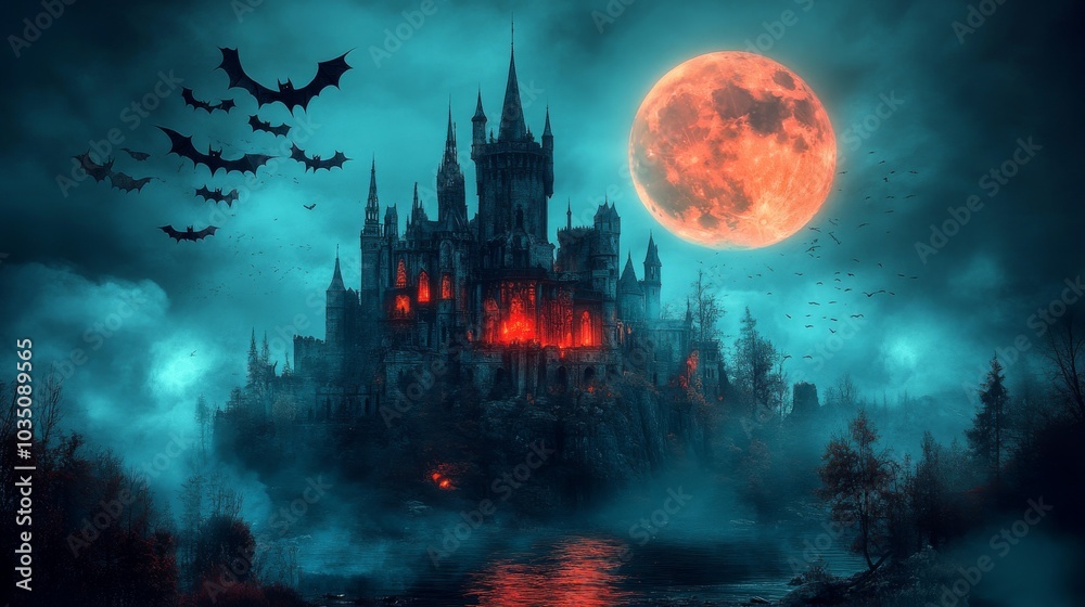 Spooky old medieval castle: Ancient eerie castle on mountain, swarm of bats and full moon behind. Halloween, horror, fairytale background concept.
Spooky old medieval castle: Ancient eerie castle on mountain, swarm of bats and full moon behind. Halloween, horror, fairytale background concept.