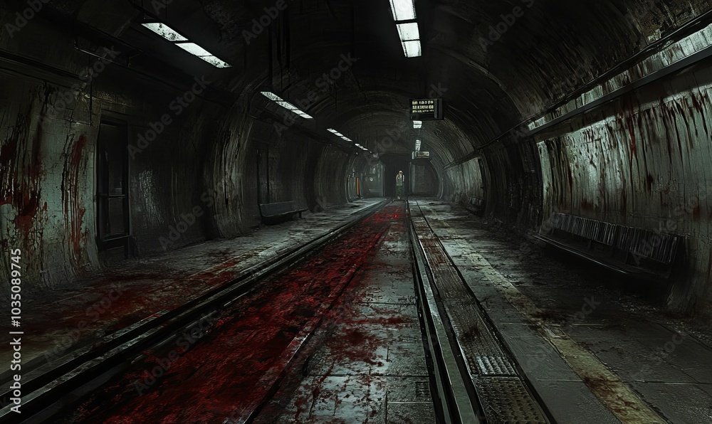 Fototapeta premium Blood-stained subway tunnel with a lone figure.