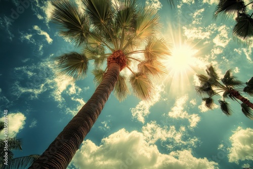 Los Angeles Palm Tree. Low Angle Shot of Palm Trees with Sun Rays on Beverly Hills Avenue