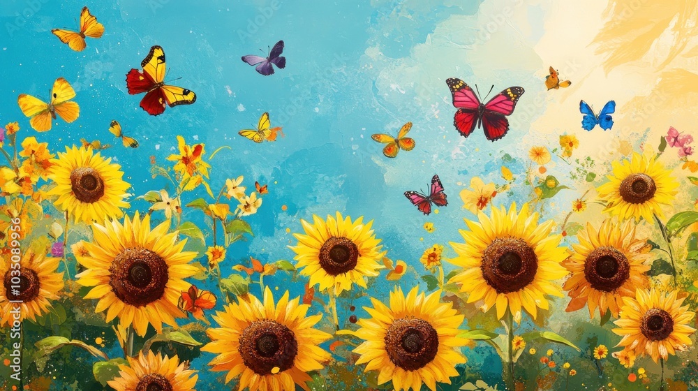 A field of sunflowers in bloom, with colorful butterflies flying around. A field of sunflowers in bloom, with colorful butterflies flying around.